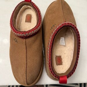 UGG Tan Slippers with Red Stitching